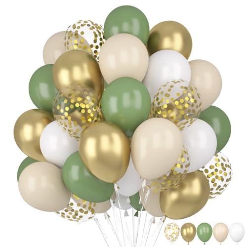 60 Pièce Ballon Vert Sauge, Ballon Vert et Or, Ballon Anniversaire Vert, Rétro Vert Blanc Or Confettis Ballons en Latex, Ballon Vert Olive pour Anniversaire, Mariage, Baby Shower Decoration