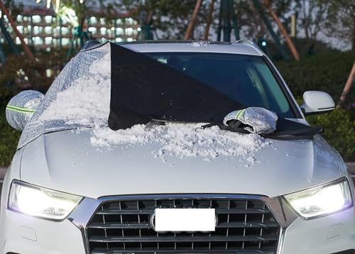 Image of Silver Black Windshield Car Glass Cover for Winter Storm Ice and Snowfall,Waterproof Fabric for Harshest Snow Freeze Weather, Extended Cover for Side Mirrors and Snow /Ice Brush Scrapper