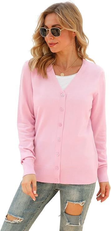 Image of VIISHOW Women Long Sleeve Button Down V Neck Lightweight Basic Knit Sweater Cardigan