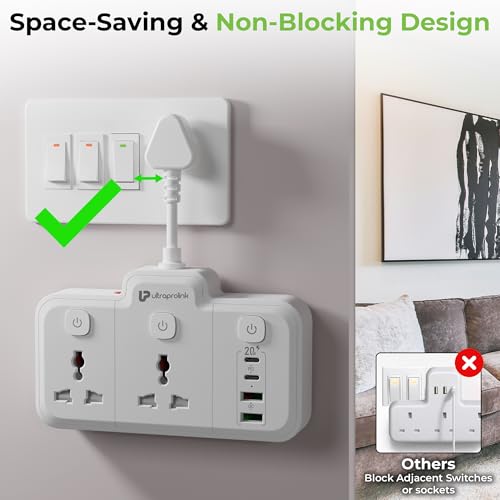 Image of UltraProlink 6 in 1 Surge Extension Board |Device Safety with ISI Approved Heavy Duty Cable-25cm6 Ports-2 Fast Charge Type-C(PD 20W),2 USB-A Ports & 2 AC Sockets|3 Power Switches|Made in India|UM1272