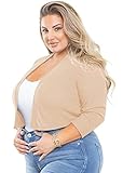 AusLook Plus Size Shrugs for Summer Women Bolero Lightweight 3/4 Sleeve Khaki 2X Cropped Cardigan Open Front Top Crocheted Knit Sweater Short Tops for Evening dresses