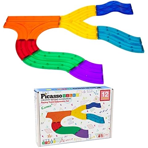 PicassoTiles 12 Piece Race Track Add-On Magnetic Building Block Set Magnet Tiles Construction Toy STEM Learning Kit Early Education Kids Toys Playset Pretend Play Blocks Child Brain Development PTR12 Cover