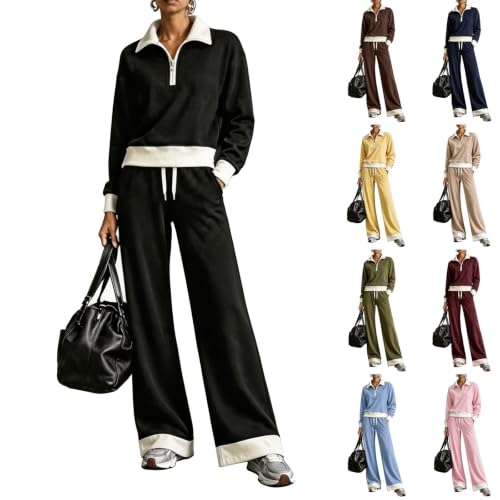 Houjibfa 2 Piece Sweatsuits For Women Color Block Tops Wide Leg Pants Set - image 1