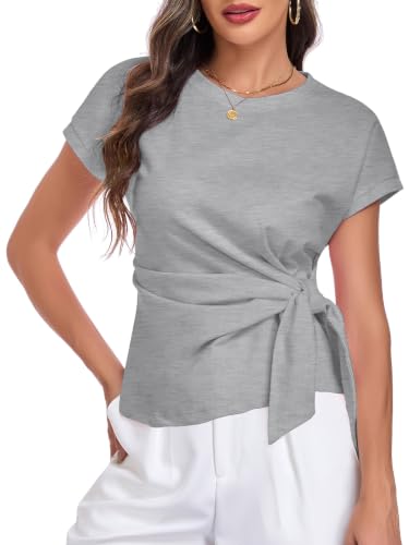Image of HOTIAN Womens Cap Sleeve T Shirts 2026 Tie Waist Wrap Tops Crew Neck Blouses Dressy Casual Loose Work Business Dressy