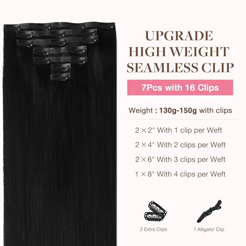 Image of GOO GOO Clip in Hair Extensions Real Human Hair, Remy Human Hair Extensions Clip ins for Women, Natural Human Hair, 24inch 160g 7Pcs, 1 Jet black