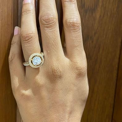 1.50 Ct Round Cut Halo Diamond Engagement Ring for Women – 14K Yellow Gold Plated 925 Sterling Silver Classic Pave Set Halo Bridal Ring, Vintage Style Promise Wedding Anniversary Ring Gift for Her