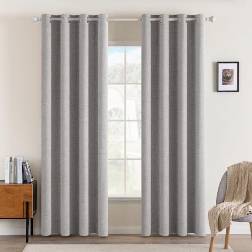Image of MIULEE Linen Texture Curtains for Bedroom Solid 100% Blackout Thermal Insulated Light Gray Curtains Grommet Room Darkening Drapes for Living Room 52x72 Inch (2 Panels)
