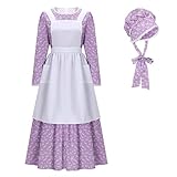 Funhoo Disfraz de sirvienta victoriana para mujer, vestido de pionera floral con gorro y delantal, vestido colonial modesto de pradera de manga larga (morado, S)