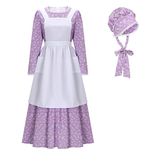 Funhoo Femme Victorienne Costume de Servante Robe à Fleurs Pionnière avec Bonnet et Tablier Vêtements Modestes Robe Coloniale des Prairies Manches Longues...
