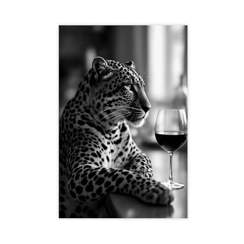 Tableau léopard buvant du vin 60x90 impression HD toile tendue