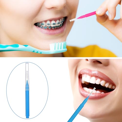 Image of Patelai 100 Pieces Braces Dental Brush for Cleaner Interdental Toothpick Dental Tooth Flossing Head Oral Hygiene Flosser Toothpick Cleaners Tooth Tool (Pink,Blue,Mixed Size)