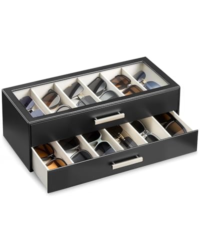 ProCase 12 Slots Sunglasses Organizer 2-Layer Eyeglass Holder with Clear Glass Lid PU Leather Glasses Storage Display Case for Men Women -Black