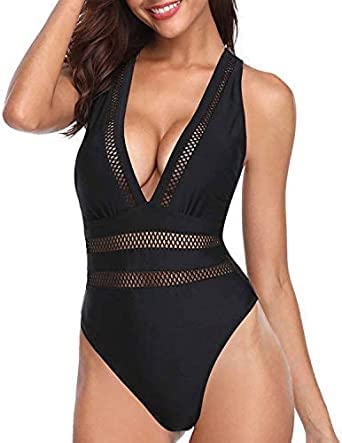 Tempt Me Women One Piece Swimsuit Sexy Plunge V Neck Bathing Suit Black Hollow Out Monokini M