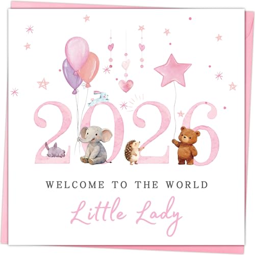 YianHien Baby Girl Card New Baby Card for Newborn Baby Girl Welcome to the World Little Lady New Born Baby Gift Congratulations Newborn Girl Card with Light Pink Watercolor Design