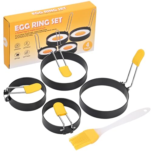 Lot de 4 omelettes, anneaux à œufs antiadhésifs, moule à omelette en inox avec pinceau et manche en silicone anti-brûlure pour omelettes, pain de viande,...