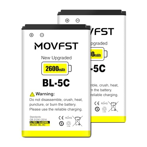 MOVFST 2Pcs Pack Rechargeable BL-5C Battery,2600mAh High Capacity Suitable for Nokia,Household Radio with Current Protection