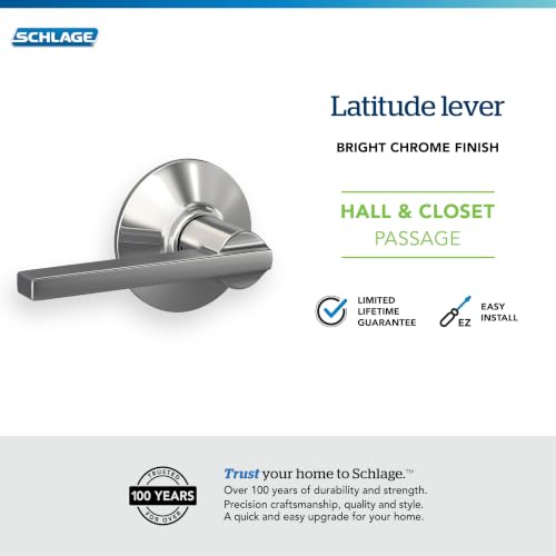 Image of SCHLAGE Latitude Hall /Closet Passage Door Handle, Reversible, Bright Chrome | Hall or closet lever door handle with no lock, Easy to install, Certified durability, Universal fit