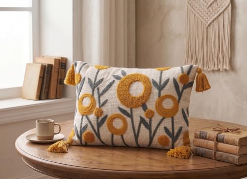 Image of Furnistitchs Boho Rectangle Cushion Cover 12x20 inches | Handmade Decorative Throw Pillow Case | Bohemian Home Decor Sofa Bed Cushion Cover Living Room Bedroom (1, Yellow Oval, 12x20 inches)