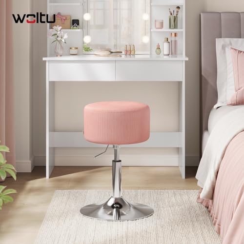 WOLTU Schminktisch Hocker, Schminkstuhl, Barhocker Rund, Höhenverstellbar, 360° Drehbar mit Verdickter Polsterung, Cord Bequemstuhl für Schminktisch, Schlafzimmer, Esszimmer, Rosa, BH409rs-1