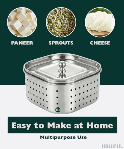 Image of MARU Steel Paneer Maker Box 600ml, Square Shape Paneer Press with Lid, Tofu Press Mould, Whey Separator Channi, Healthy Homemade Paneer /Tofu /Sprouts Maker, Durable & Easy to Clean (12x12x5.5 cms)