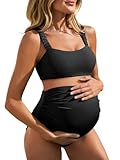 Summer Mae Gerippter Schwangerschafts-Bikini, Badeanzug für Damen, hohe Taille, zweiteiliger Badeanzug, bauchfreies Oberteil, Schwangerschaftsbademode, Schwarz, 40