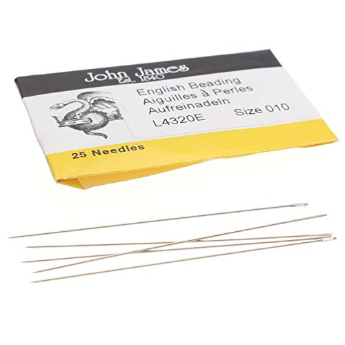 John James English Beading Needles, Size 10, Pack of 25, Made in England, Use for Loom Weaving Beadwork, Off-Loom Stitching and Jewelry Making with Seed Beads