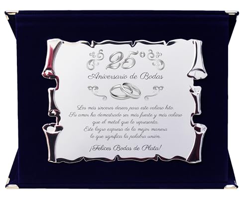 Placa para el Vigésimo Quinto Aniversario de Boda | Felicitaciones por el 25° Aniversario de Bodas | Regalo para las Bodas de Plata Pergamino Plateado en Estuche Azul
