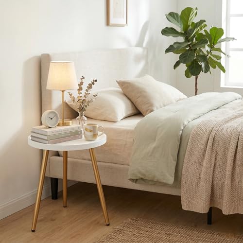 danpinera Small Round Side Table, Mini White Table with Wooden Tray & Metal Legged, Gold Side Table for Small Space, Living Room, Bedroom, Nursery, 14.96" D x 14.96" W x 17.52" H, White & Gold