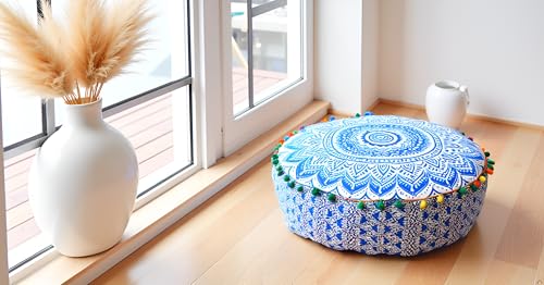 CRAFT KALA 16\" Round Large Hippie Mandala Meditation Floor Ottoman Pillow Cushion Pouf Cover Square Poufs Bohemian Circle Floor Cushion Case Outdoor Fireplace Yoga Living Room Decor Cover Blue Ombre - Thumbnail 2