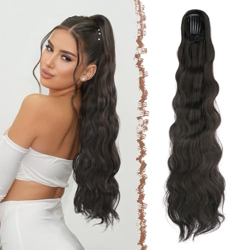 FESHFEN Ondulés Queue de Cheval Extension avec Cordon, 75cm Longue Ponytail Cheveux Naturel Peigne Clip in Postiche Cheveux Synthétique Brun Foncé Extension Cheveux pour Femmes