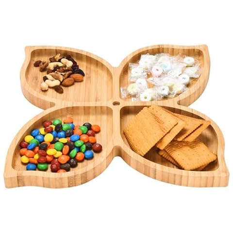 Hallops Bamboo Fruit Tray - Premium Serving Platter Set with Sectioned Design for Dry Fruits and Snacks - Elegant Bamboo Food Platter - Divided Plates - 0.8 x 11 x 11 inches - Brown Cover