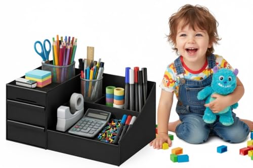 Image of ROKTRY Stationary Organizer with 2 Drawers & 9 Compartments | All-in-One Office Stationery Storage Box for Desk, School & Home | Space-Saving Metal Pen Stand & Desktop Accessories Caddy (Matte Black)