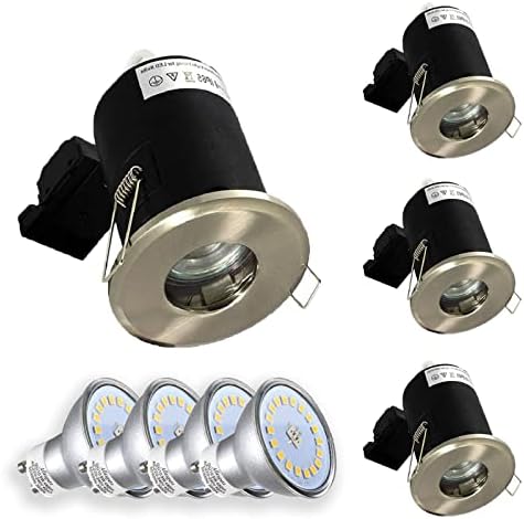 Allesgute 4X IP65 Fire Rated GU10 Bathroom Downlights Brushed Chrome Recessed Ceiling Spot Lights for Kitchen 240V,5W Cool White Bulbs Included