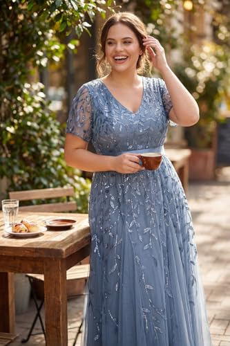Image of Pinup Fashion Plus Size Formal Dresses - Evening Gowns Wedding Sequin Embroidery V-Neck Prom Long Dress