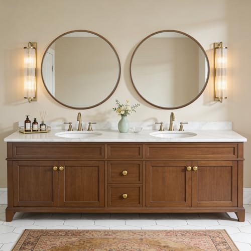 Image of WallBeyond Round Wood Mirror, 36 inch Round Modern Decoration Large Circle Wall Mirror for Bathroom Living Room Bedroom Entryway, Walnut