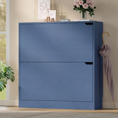 Image of BORNOON Shoe Cabinet with 2 Flip Drawers, Slim Narrow Shoe Storage Cabinet, Freestanding Shoe Organizer with Adjustable & Removable Shelves, Top Display Shelf for Entryway, Hallway, Foyer, Closet