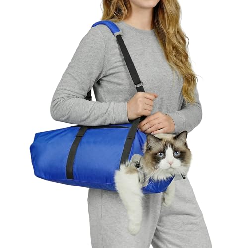 Image of Cat Carrier Pouch, Soft Cat Grooming Restraint Bag for Vet Visits, Nail Trimming & Medication, Comfortable Cats Carry Bag with Bottom Support for Car Travel, Blue, S