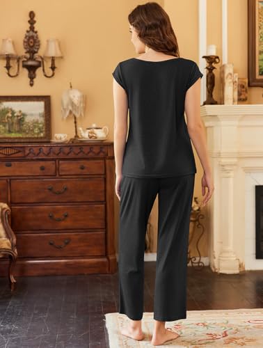 Image of Ekouaer Womens Pajama Sets Short Sleeve Sleepwear Tops and Long Pants V Neck Pjs 2 Piece Lounge Set with Pockets S-XXL