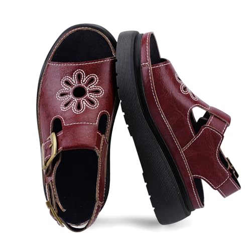 Image of Red Platform Sandals for Women Chunky Ankle Buckle Casual Open Toe Comfortable Flower Decoration Fisherman Sandals Sizes 8.5