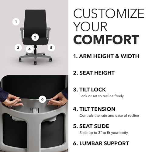 Image of HON Ignition 2.0 Mid‑Back Ergonomic Office Chair, Mesh Task Desk Chair with Lumbar Support, Standard Synchro‑Tilt, Height and Width Adjustable Arms, Titanium Frame, Onyx
