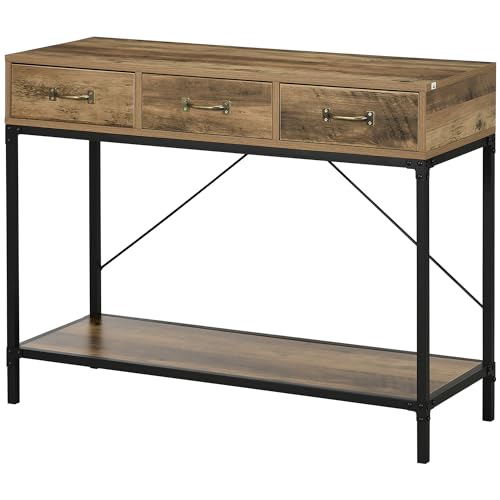 HOMCOM Table Console, Table d'entrée, Bout de canapé, Cadre en Acier au Carbone, Montage Facile, avec 3 tiroirs et 1 Plateau Aspect Bois, Design Industriel,...