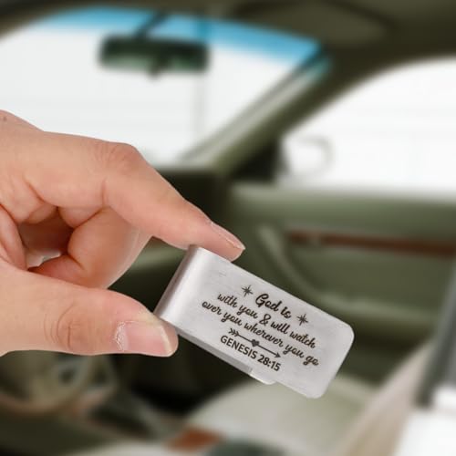Image of Penitue Stainless Steel Car Visor Clip, Engraved God is with You Sun Visor Clip for Cars Inspirational New Driver Gifts Drive Safe Blessing Accessory Perfect for Women Men Family Friends