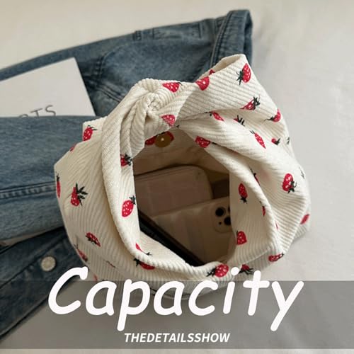 Corduroy Tote Bag Strawberry Cute Corduroy Knot Bag Alt Trendy Knot Handbag Strawberry Print Underarm Shoulder Purse 20253