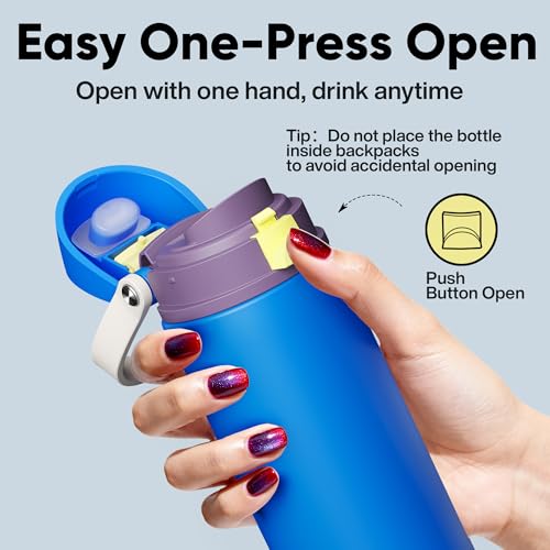 Image of Insulated Water Bottle with Straw - Encool Stainless Steel Water Bottle with Push Button Lid, Leak-Proof & BPA-Free, Keeps Cold for 24 Hours for Sports, Travel, Gym (18 oz, Sapphire)