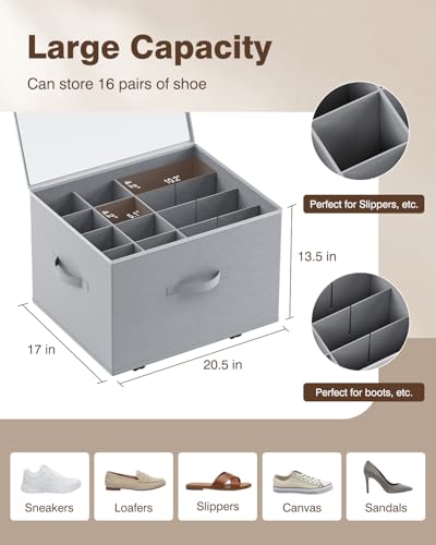 HOUSE AGAIN Shoe Organizer for Closet, Shoe Storage Organizer with Wheels, Foldable Shoe Storage Box with Adjustable Dividers and Clear Cover, Reinforced Handles, Fits up to 16 Pairs, Gray — view 2