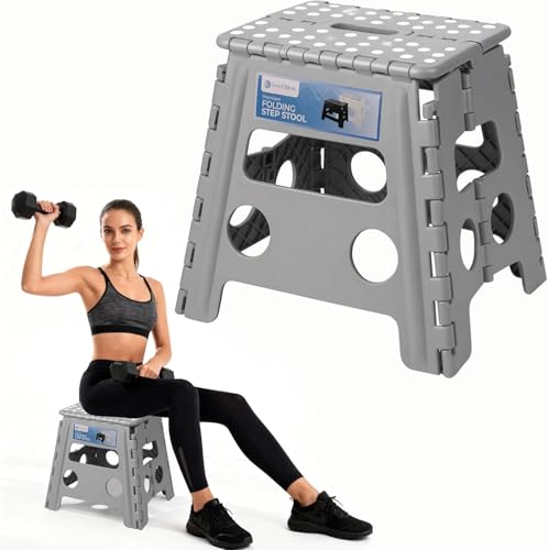 Image of 12 Inch Super Strong Folding Step Stool to Support Adults and Safe Enough for Kids. Opens Easy with One Flip. Great for Kitchen, Bathroom, Bedroom, Kids or Adults (Light Grey)