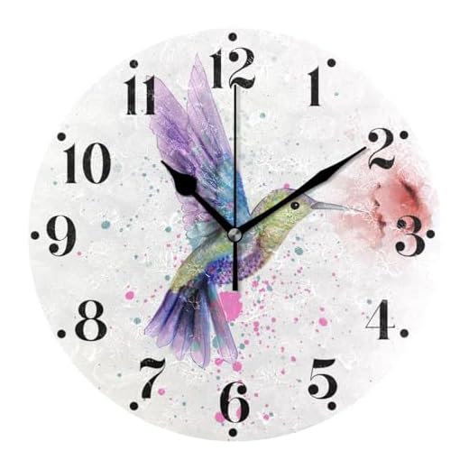 Watercolor Hummingbird Wall Clock Silent Non Ticking Round Wall Hanging Clock Battery Operated Decorative Wall Clocks for Bedroom Living Room Kitchen Office