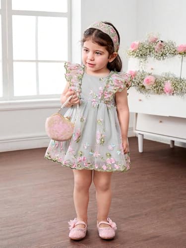 Image of Tagas Girls' Knee-Length Dress|Elegant Floral Embroidered Baby Girl Party Dress with Bow|Soft Net Layered Frock for Birthday, Wedding & Festive Occasions|Comfortable & Stylish