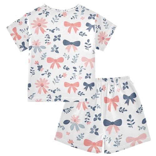 ALAZA Bow Flower Floral Print Pajamas Set Short Sleeve Cotton Sleepwear Summer Pjs 2 Piece 5-14Y2