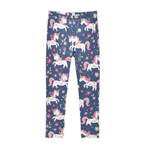 Cute Unicorn Blue Girls' Leggings Toddler Doodles Pink Gold Accents Kids Yoga Pants Dance Active Tights 7-8T